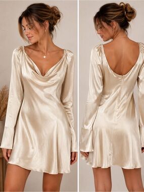 Lulus Champagne Satin Cowl Neck Open Back Mini Dress Long Sleeve Size Small NWT